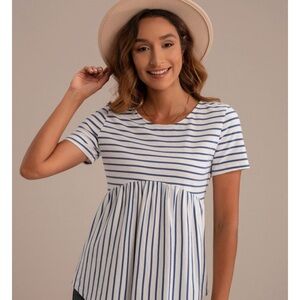 Petallush Blue Striped Round Neck Cross Back Peplum Top